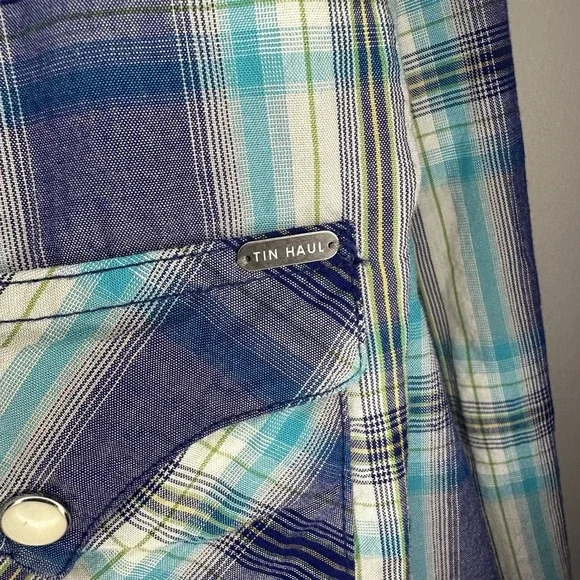 Tin‎ Haul Shirt Mens Large Turquoise Violet Plaid Pearl Snap Western Rockabilly - Picture 5 of 8